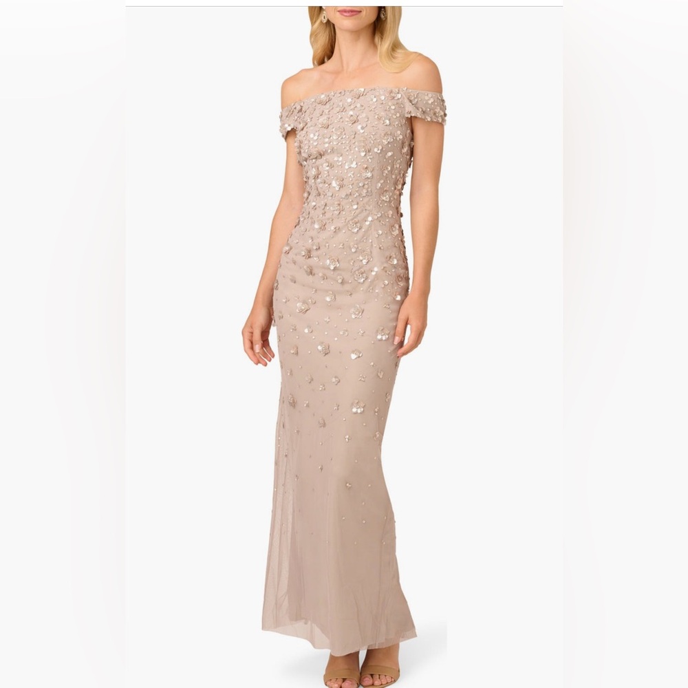 Adrianna Papell Champagne Floral Sequin Off Shoulder Gown NWT Size 12 MOB GALA
